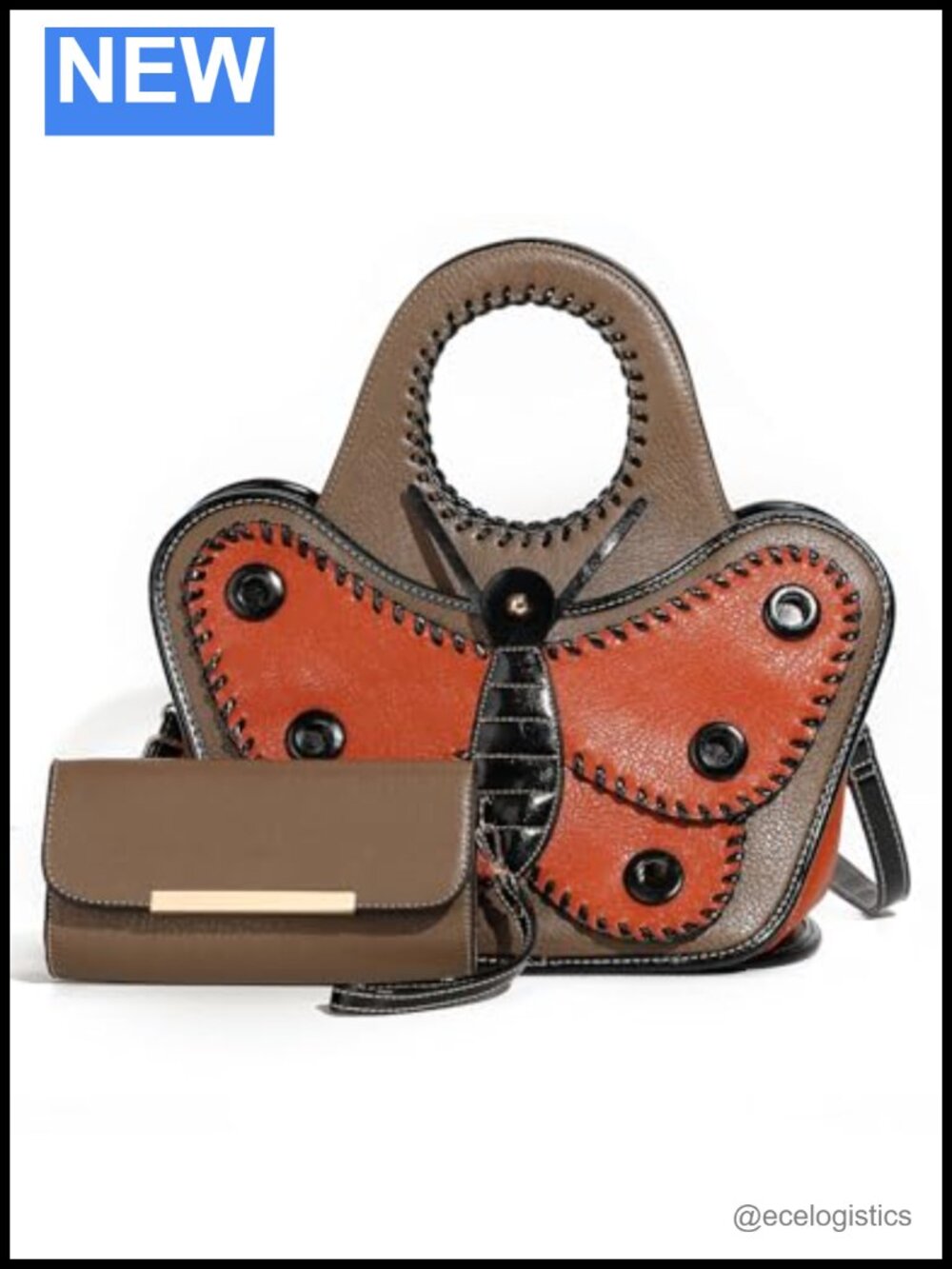Women's Faux Leather Butterfly Design Satchel Handbag - Top Handle & Crossbody